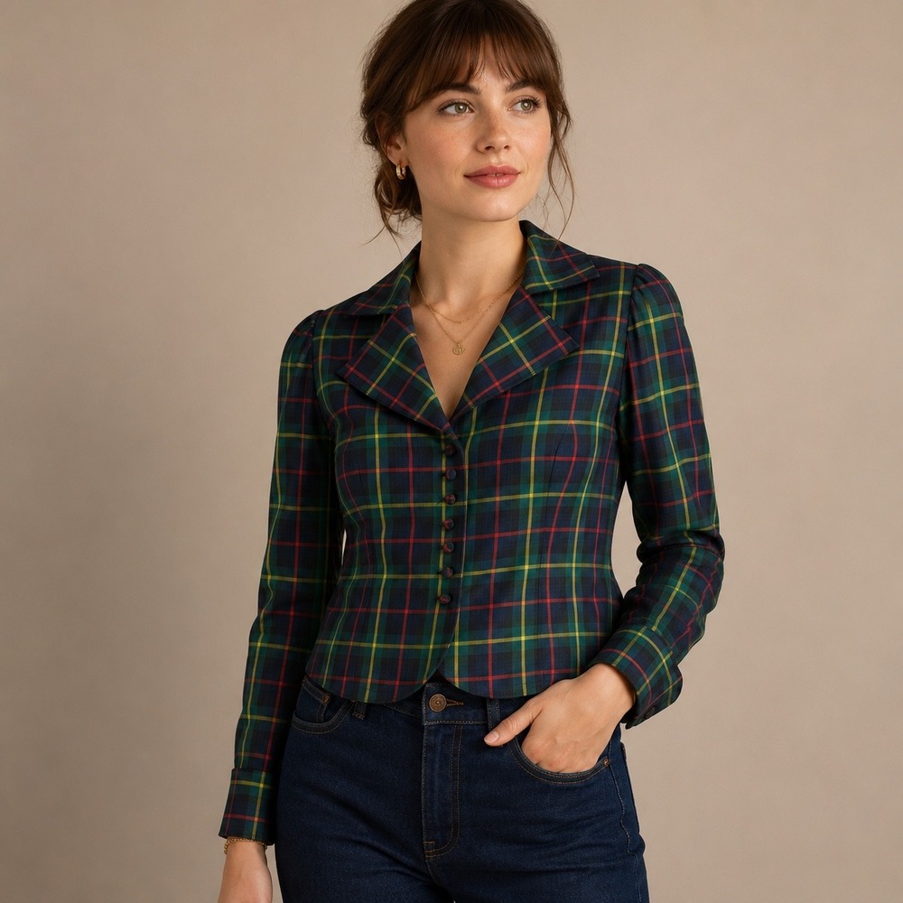 J. Peterman‎ Company Tartan Plaid 100% Silk Cropped Jacket Blouse Women's Size 4